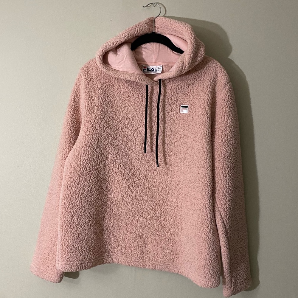 Fila Fuzzy Pink Hoodie Sweatshirt- Teddy / Sherpa material - size women’s Large